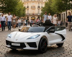 Corvette C8 Kids 12v Ride On Car with Remote in Blue, White, Black - Leather Seat & EVA Wheels