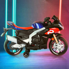 Aprilia RSV4 12V Ride On Kids Bike with Stabilisers - Blue - Leather Seats EVA Wheels