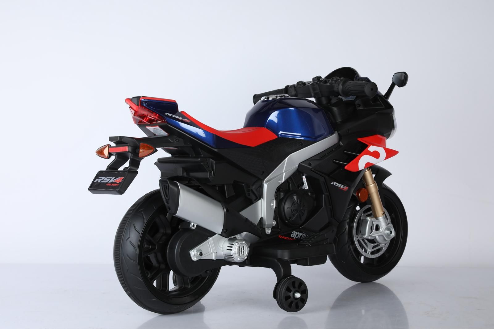 Aprilia RSV4 12V Ride On Kids Bike with Stabilisers - Blue - Leather Seats EVA Wheels