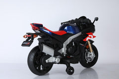 Aprilia RSV4 12V Ride On Kids Bike with Stabilisers - Blue - Leather Seats EVA Wheels